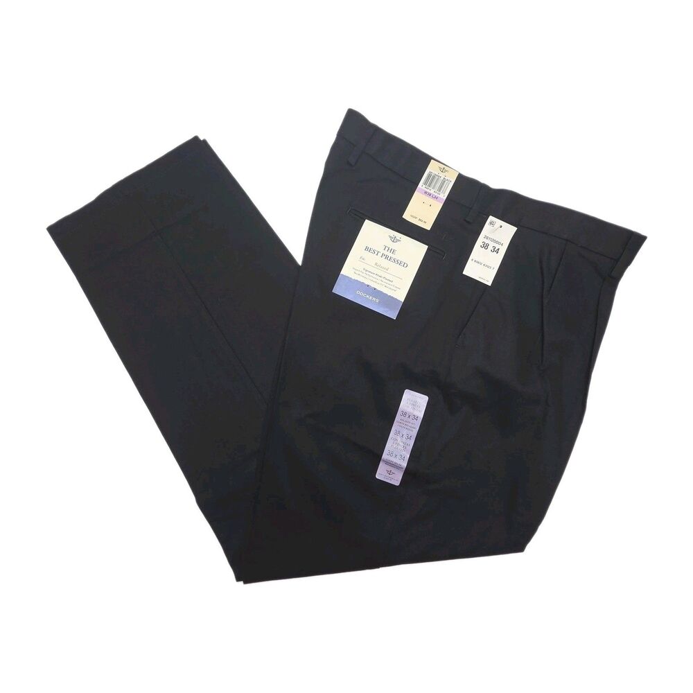 Dockers Pants Best Pressed Black Men Sz 38 x 34 Relaxed Pleated Signature Khaki
